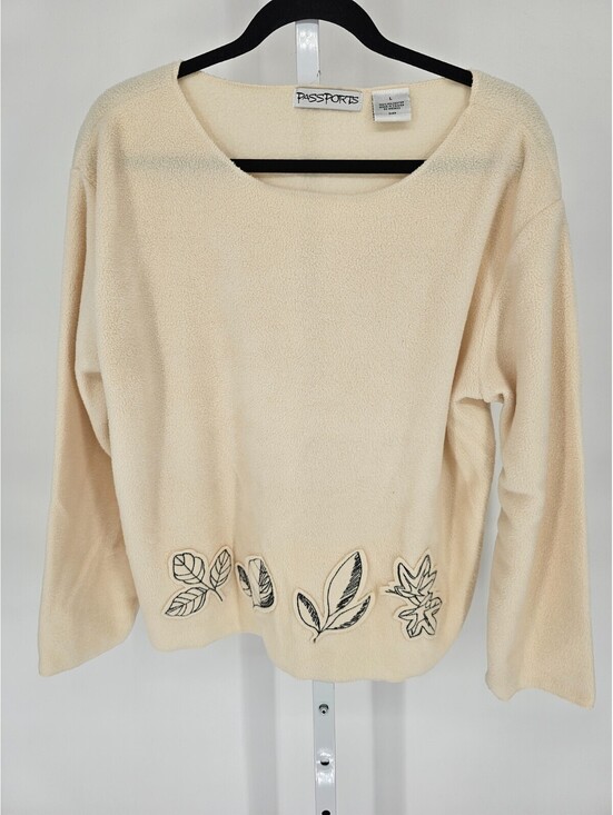 Sweaters - Passports Womens Sz L Pullover Fleece Sweater Ivory Green Embroidered Leaves